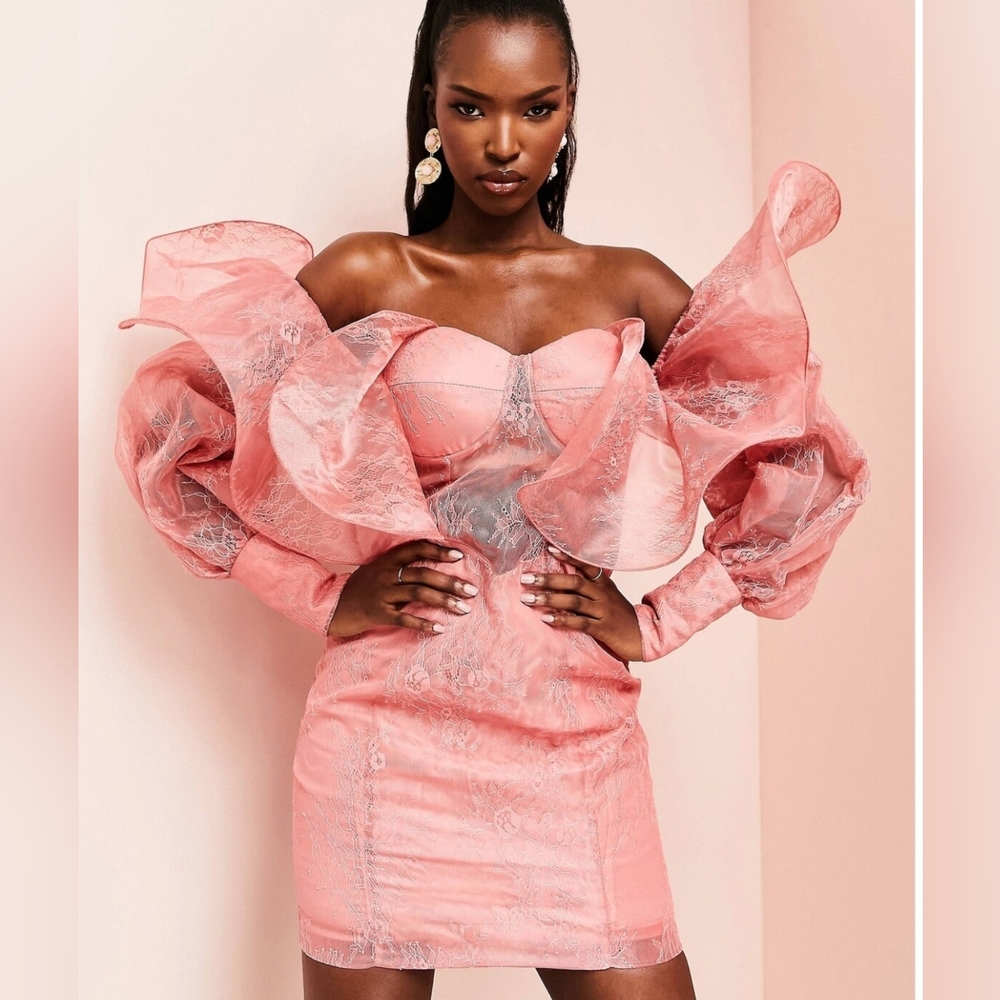 ASOS LUXE,  Blush,  Lace midi dress Pink,Off-Shoulder Dress, Wire Bardot,Size 4.